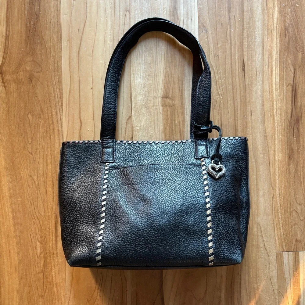 Brighton Black Pebbled Leather Handbag with Top Stitching Accents